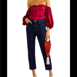 CAROLINE CONSTAS BELEN OFF-THE-SHOULDER SILK-BLEND SATIN TOP IN BURGUNDY